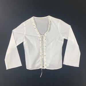 White Lace Up Front Blouse S Beads Bell Sleeves